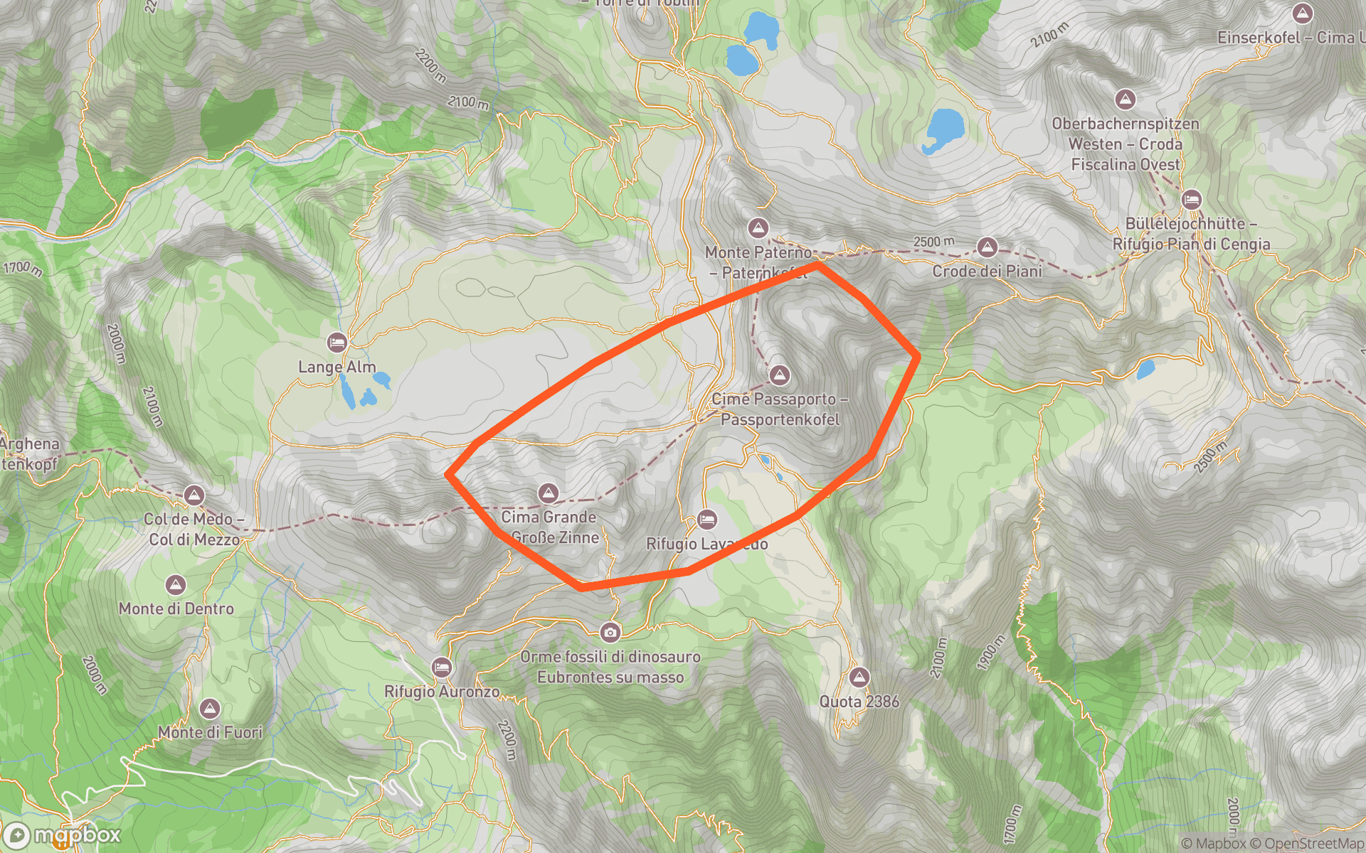 3D map preview of the Tre Cime di Lavaredo hiking loop in the Dolomites