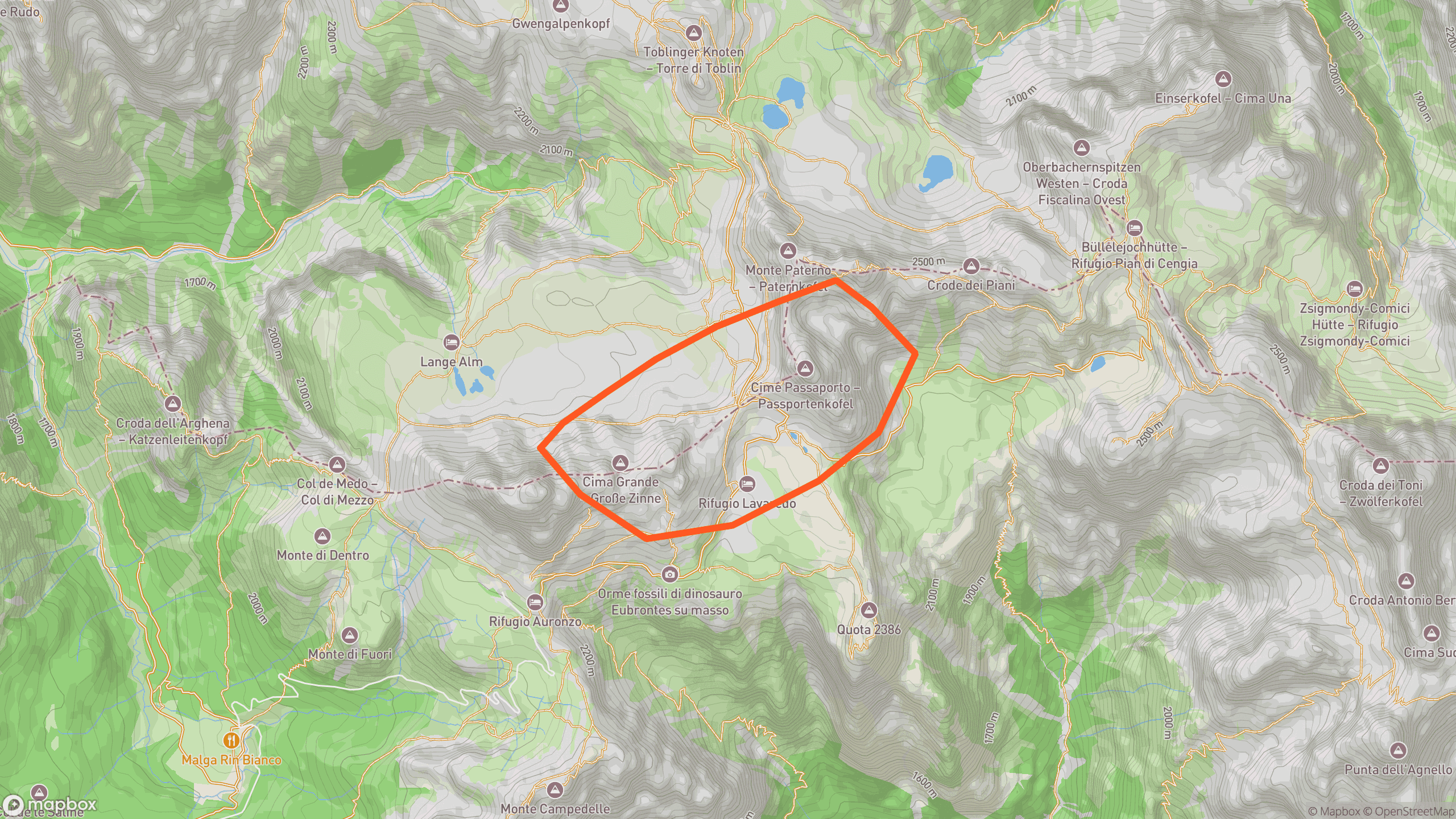 3D map preview of the Tre Cime di Lavaredo hiking loop in the Dolomites