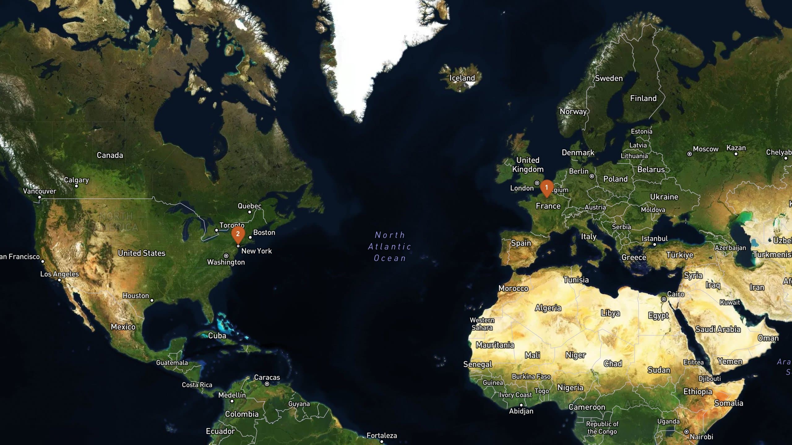 Map preview of a Paris to New York flight path across the Atlantic