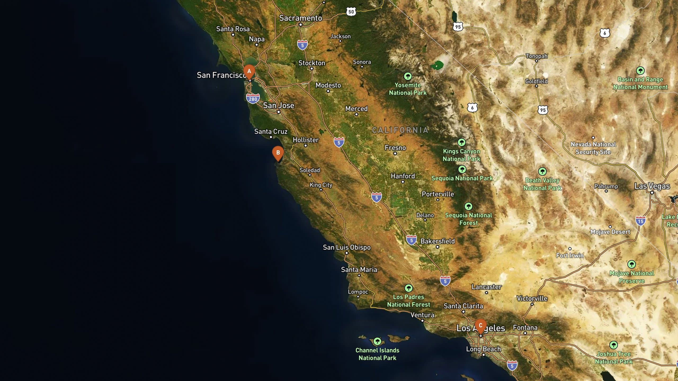 Satellite map of a Pacific Coast road trip from San Francisco toward Los Angeles with stop markers